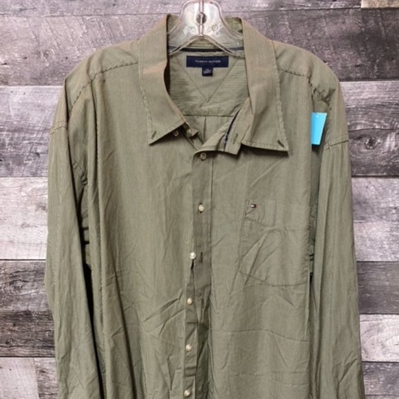 Green Stripped TOMMY HILFIGER Mens Stripped Dress Shirt XXL - Picture 1 of 4